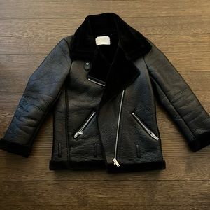Zara Double-Faced Faux Shearling Biker Jacket in Black Size S